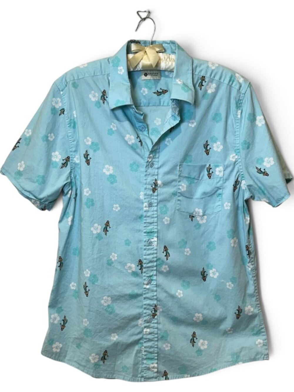 Haggar Mens Short Sleeve Button Down / Up Hula Girl Hibiscus Shirt Blue L Vacay